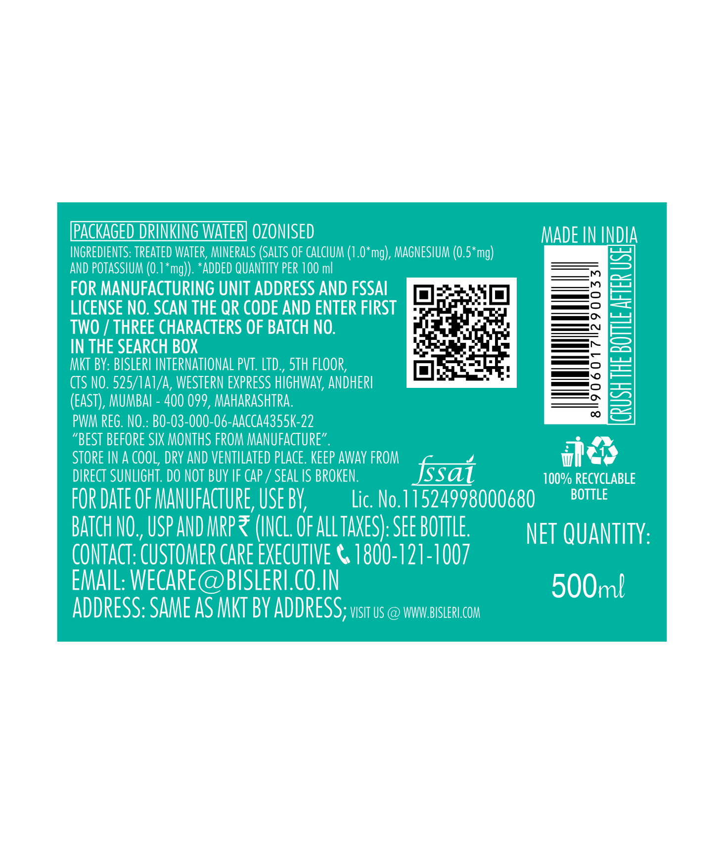 Bisleri 500 ML Packaged Drinking Water back label